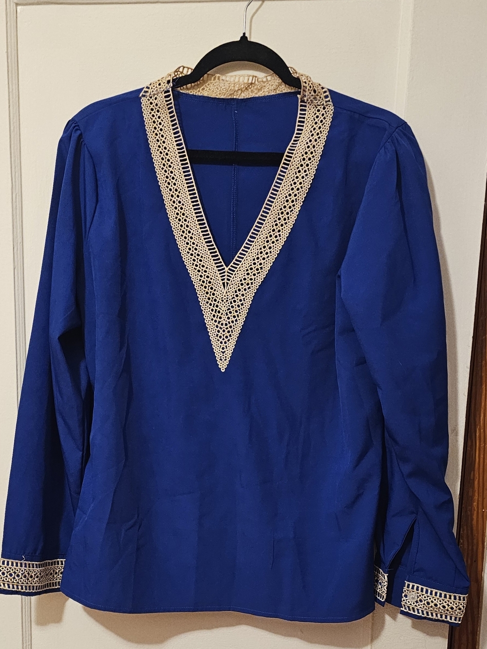 Blue V-Neck Lace Trim Women's Top